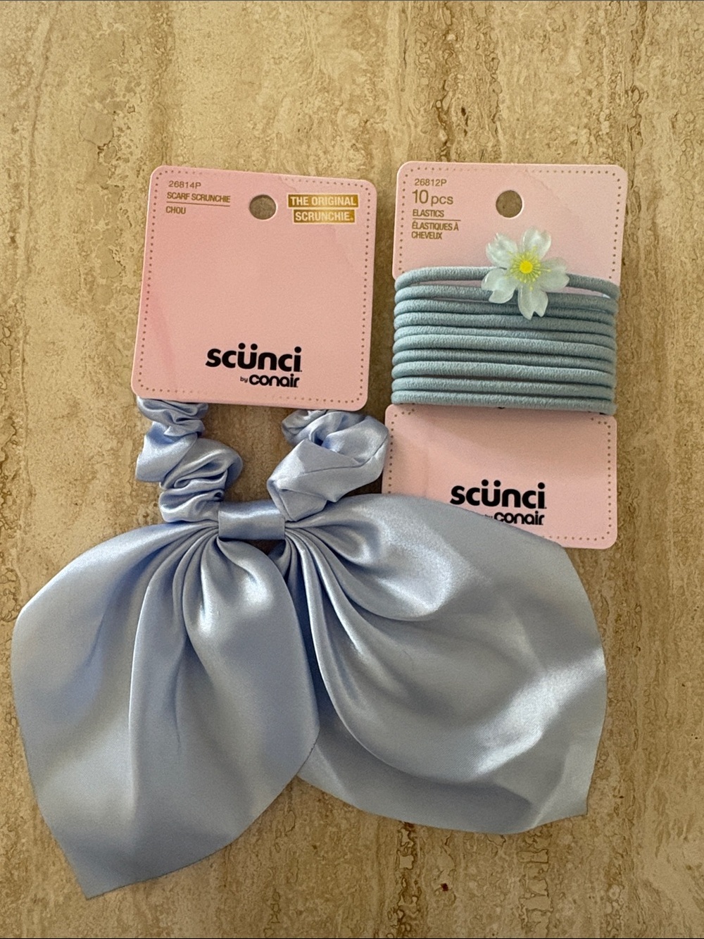 scünci Light Blue Satin Bow Scrunchie with Matching Elastics